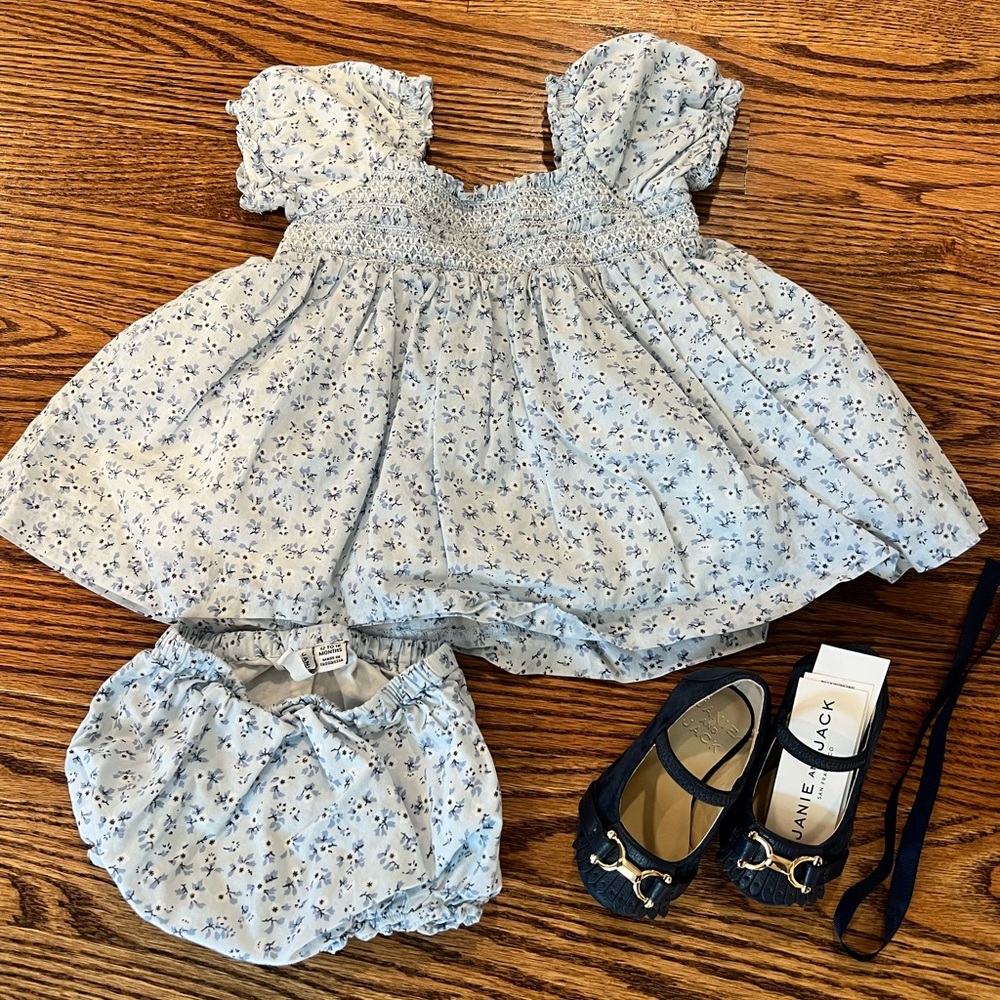 Janie and Jack blue floral 2pc with coordinating shoes 12-18m